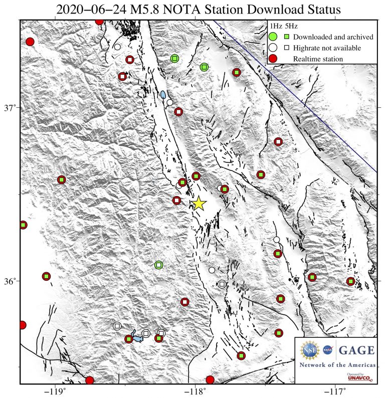 Map showing NOTA GPS/GNSS stations from which UNAVCO downloaded high-rate (1-sps and 5-sps) GPS/GNSS data