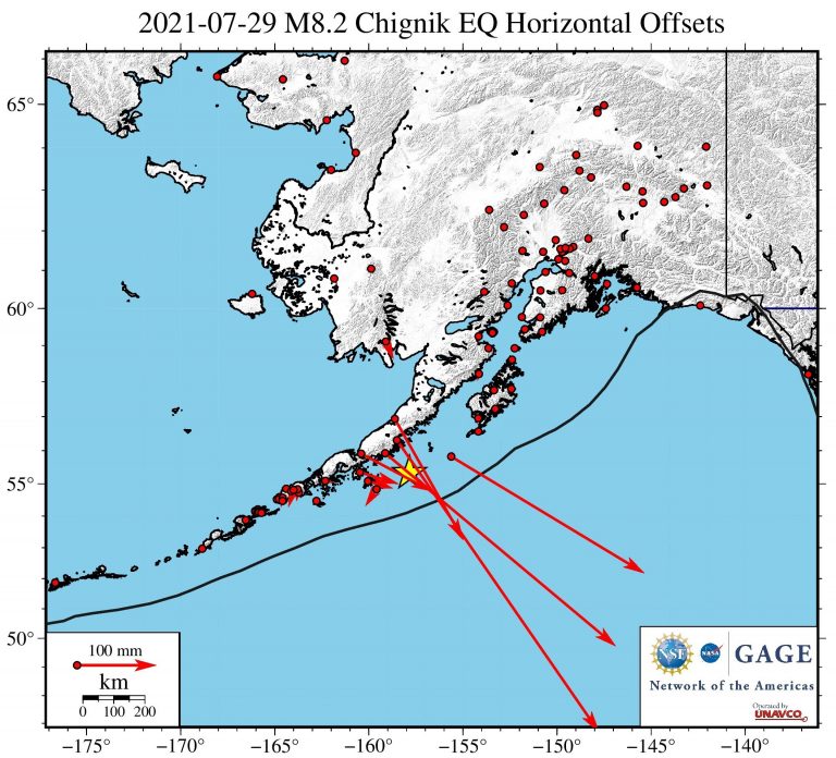 map showing vectors of coseismic offsets