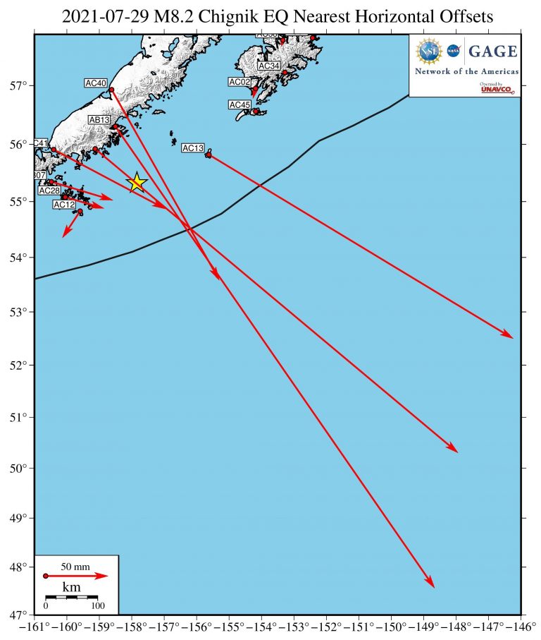 zoomed map showing vectors of coseismic offsets